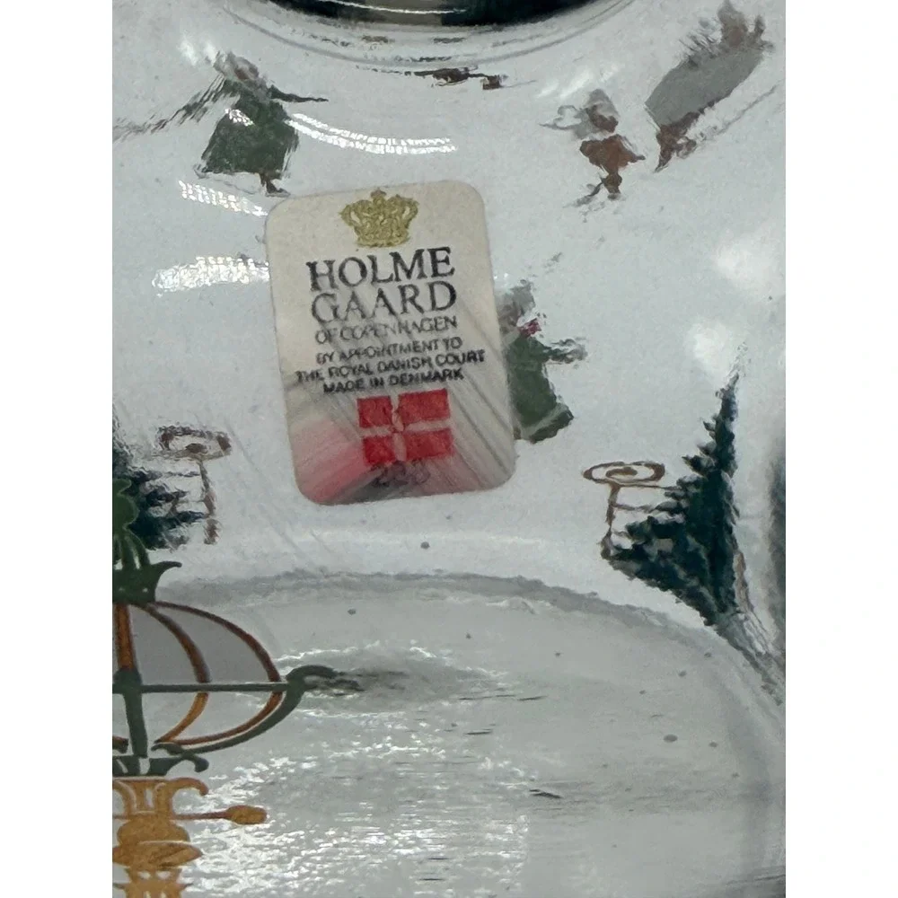 Holmegaard Christmas Decanter 1980s Danish Glass Ice Skating Scene Brass Stopper